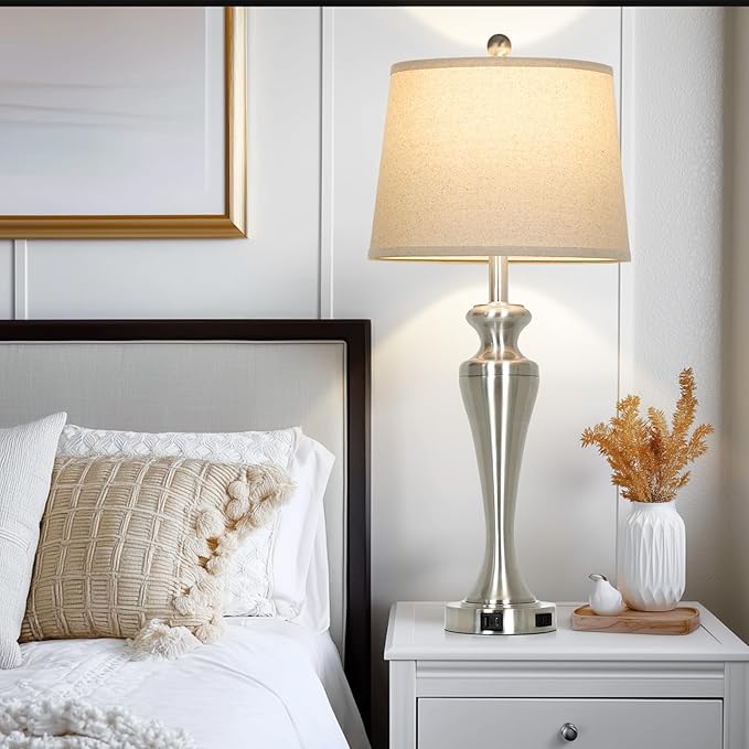 30" Silver Table Lamps Set of 2, 3-Way Dimmable Touch Living Room Lamp with USB A+C Ports and AC Outlet, Modern Brushed Nickel Bedroom Lamps, Tall Metal Bedside Lamp for Nightstand Side Table