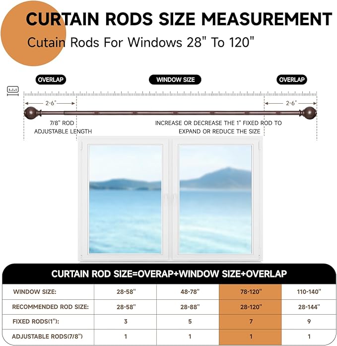 Wood Curtain Rods for Windows 66 to 120 Inches,1 inch Heavy Duty Window Curtain Rods with Imitation Wood Grain Finials,Decorative Drapery Rods Adjustable, 28"-120"(2.3-10ft), Bronze Wood