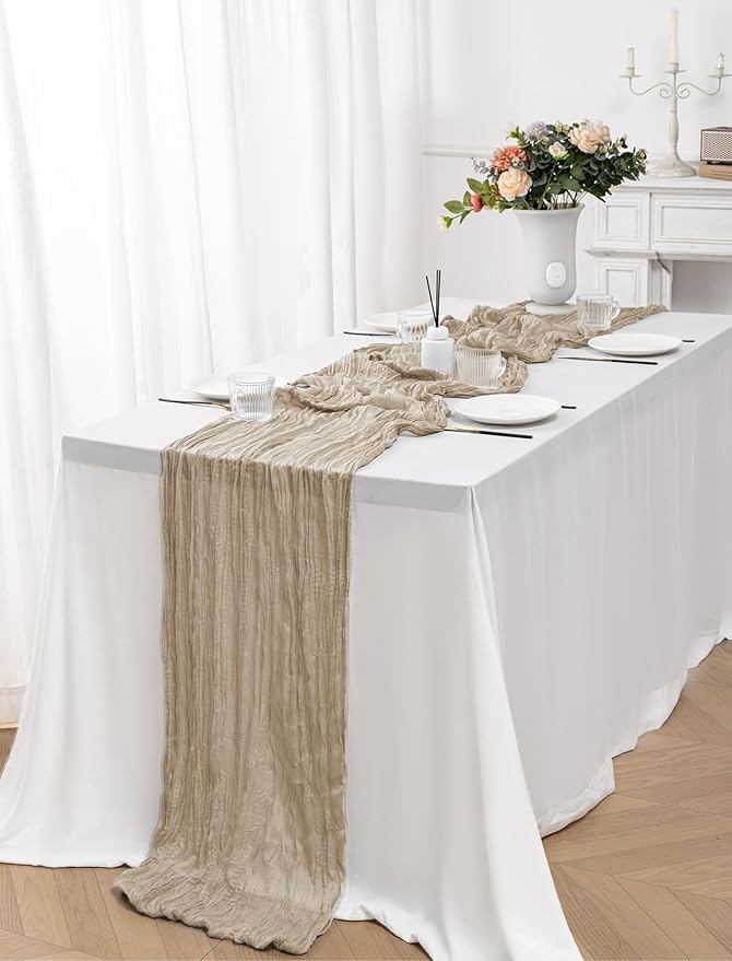 10 Pack Beige Cheesecloth Table Runner,10FT/120 Inch Boho Gauze Fabric Table Runner,Rustic Sheer Beige Cheese Cloth Runner Bulk for Wedding,Bridal Baby Shower,Birthday Party,Holiday Home Table Decor
