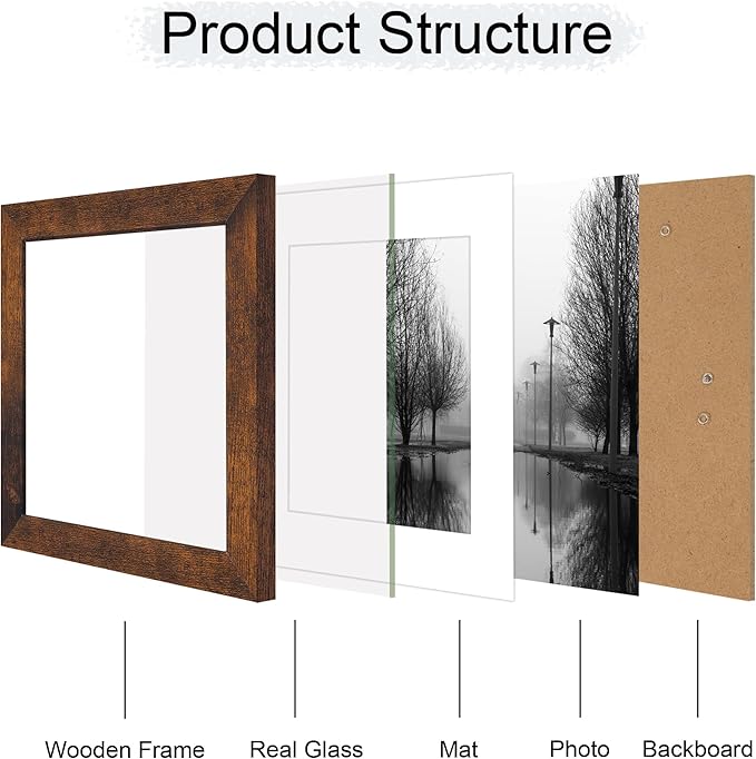 iRahmen 8x8 Picture Frame Set of 4 with HD Glass, Display 6x6 Pictures with Mat or 8 x 8 Without Mat, Rustic Wood Photo Frame for Wall Mount and Tabletop Display