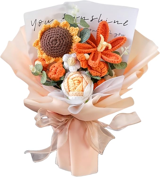LOEVEN Crochet Flowers, Crochet Flower Bouquet, Crochet Sunflower, Tulip Roses Handmade Knitted Flowers, Carnation, Preserved Flower for Mother's Day, Valentine's Day, Birthday, Graduation (Orange)