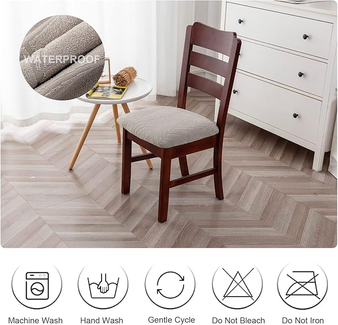 Genina Waterproof Seat Covers for Dining Room Chairs, Stretch Chair Covers Removable Washable Dinning Room Kitchen Chair Seat Covers Slipcovers (Leaves-Warm Gray, 4 PCS)
