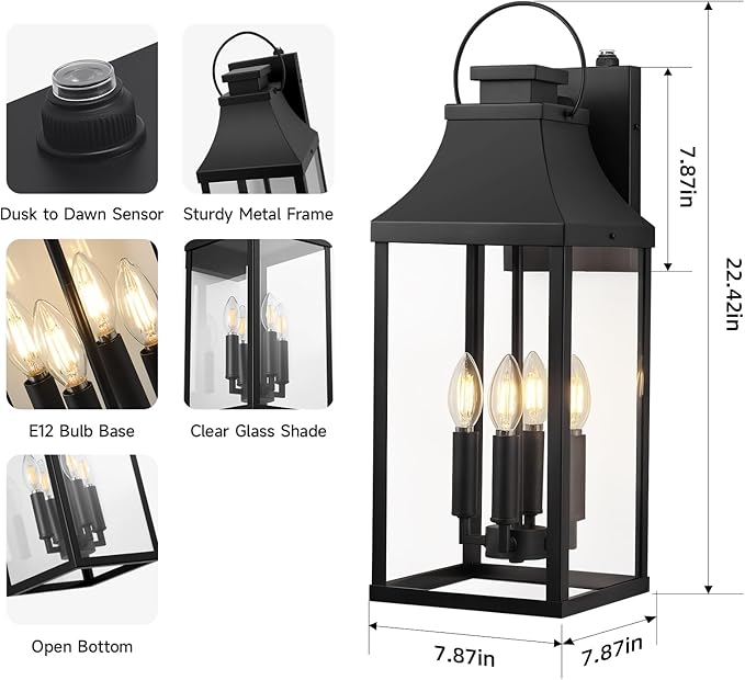 tewei Dusk to Dawn Outdoor Wall Lantern, 22'' Large Porch Lights Outdoor Sconce Lights, 4-Light Modern Exterior Lighting Fixtures Waterproof Outside Patio Lanterns for House Garage, 1-Pack