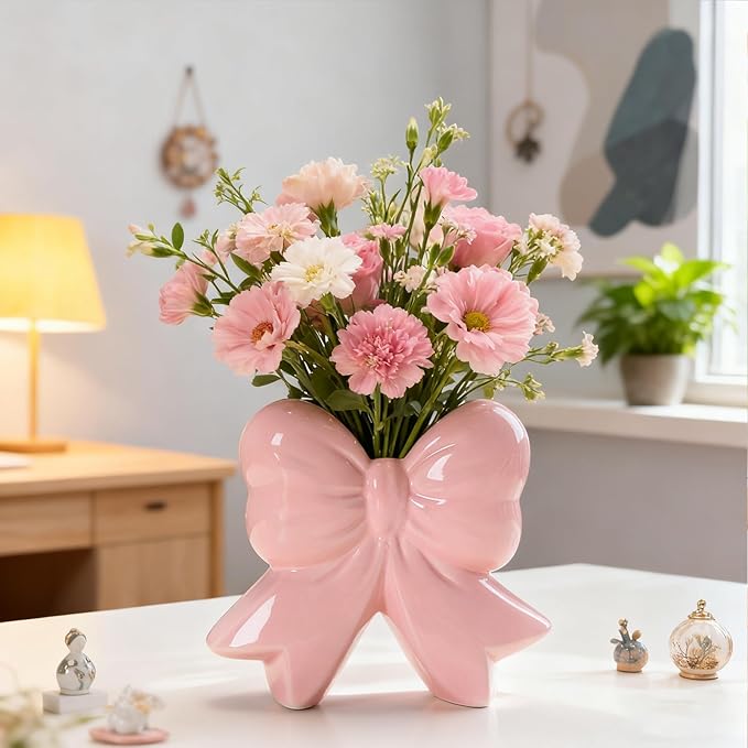 Pink Ceramic Bow Vase for Centerpieces Minimalist Farmhouse Vase Flower Vase Modern Home Decor Vase Cute Decorative Vase Flowers Tulip Pampas Grass Vase for Table Bathroom Shelf