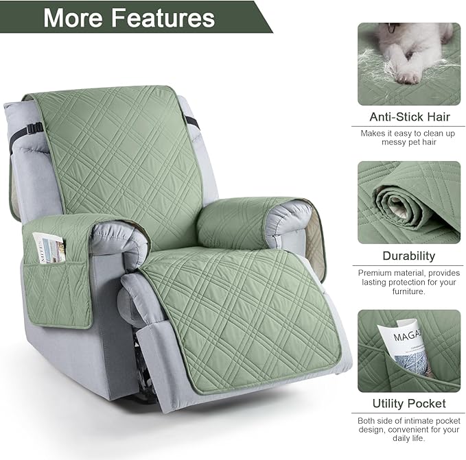 TAOCOCO 100% Waterproof Recliner Chair Covers, Non Slip Recliner Covers for Recliner Chair with Pocket, Washable Reclining Chair Cover Furniture Protector for Kids,Dogs(25'', Sage Green)