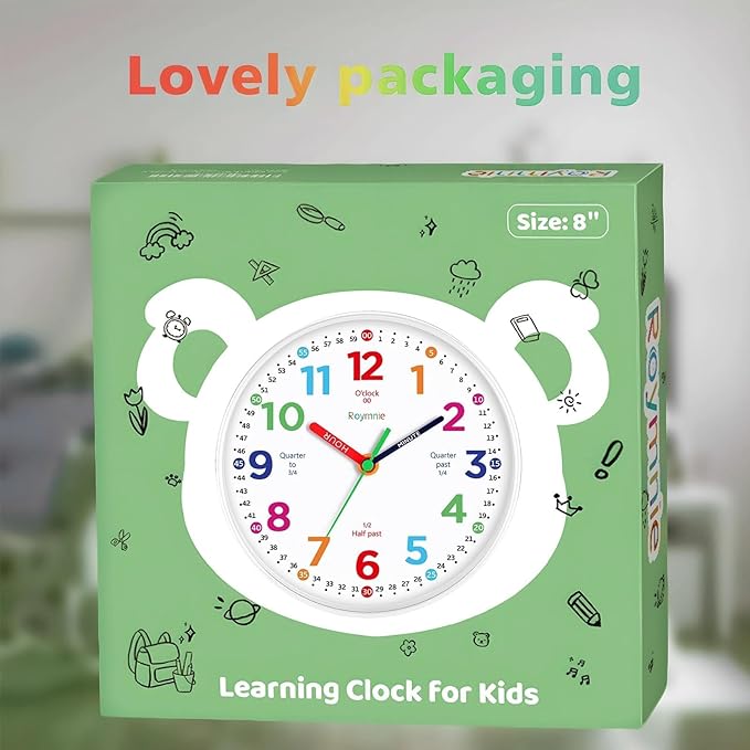 Wall Clock 10 Inch for Kids Learning Kids Teaching Clock Analog Silent Battery Operated Colorful Teaching Time Clock Decorative for Kids Room Kitchen School (White Grain)