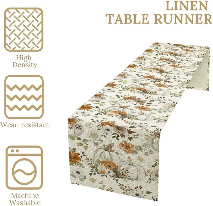 Fall Pumpkin Table Runner Rustic Floral Watercolor Plants White Vegetables Flowers Pastoral Theme Home Decor for Farmhouse Indoor Outdoor Party Holiday Dining Kitchen Restaurant Cafe W13xL108in