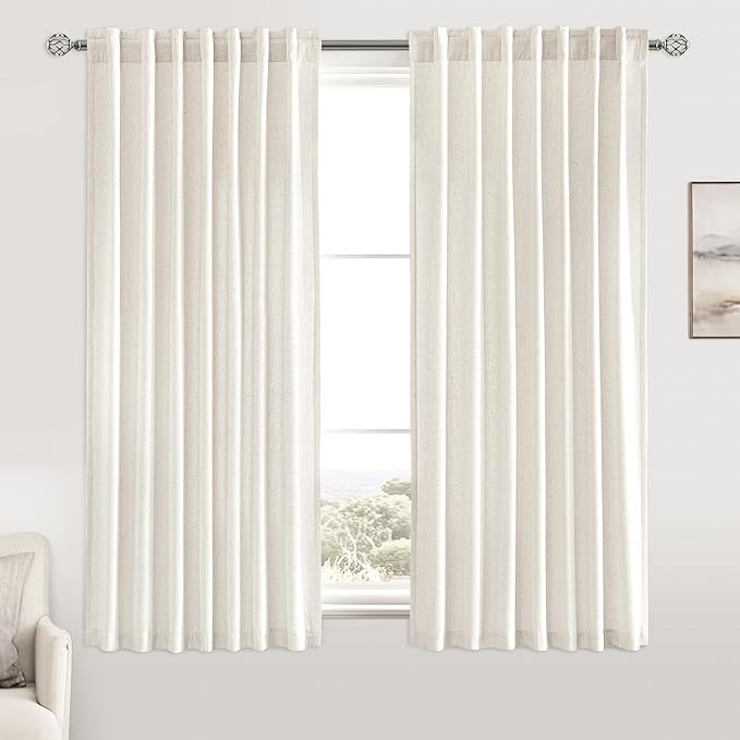 MIULEE Non-See-Through Privacy Linen Curtains 2 Panels, Light Filtering Window Curtains Farnhouse Textured Back Tab Semi Sheer Drapes for Bedroom Living Room, 52 x 45 Inches Long, Natural White