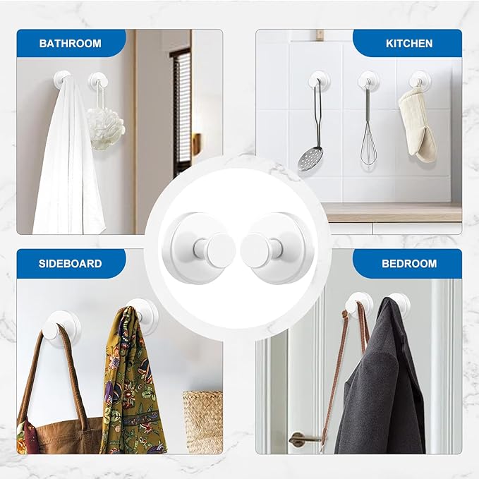Suction Cup Hooks for Towels Robes, Heavy Duty Bathroom Shower Hooks Stainless Steel, No Drill on Smooth Wall,Glass,Mirror, Tile in Bedroom Kitchen to Hang Swimsuit Washcloths (4, White)