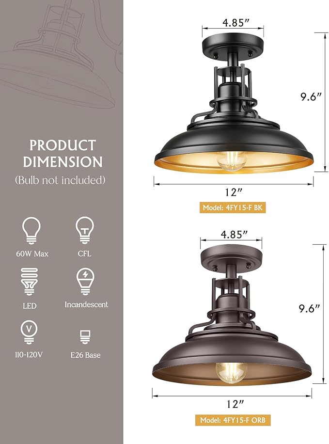 FEMILA Industrial Semi Flush Mount Ceiling Light, 12" Farmhouse Front Porch Ceiling Lighting Fixture, 2 Pack Outdoor Flush Mount Porch Light for Entryway, Hallway, Kitchen, 4FY15-F-2PK BK-1