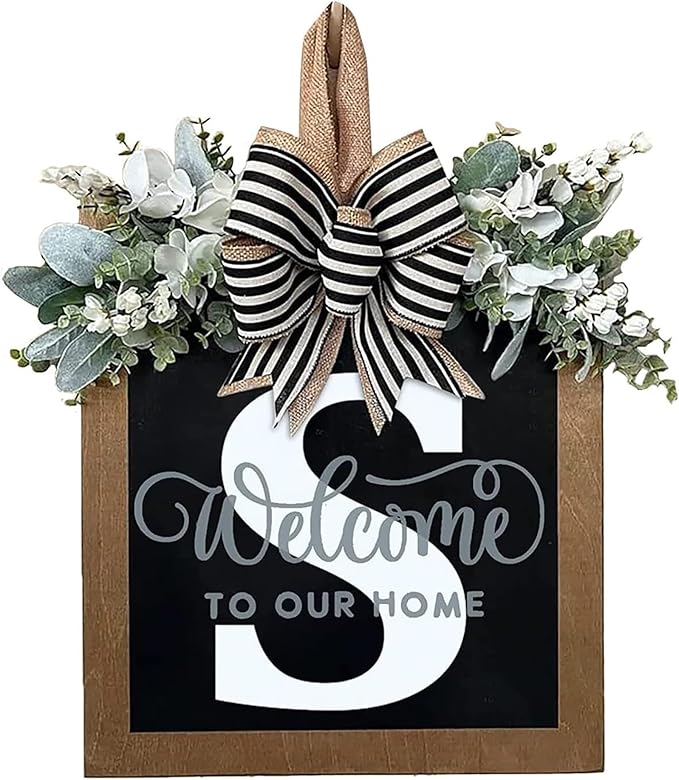 Last Name Year Round Front Door Wreath Front Porch Decoration 26 Letter Welcome Sign with Eucalyptus Garland and Bow Spring Wreaths for Front Door Outside Hanger Garland（S）