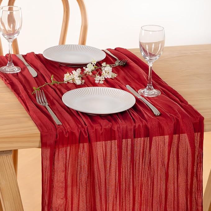 MLMC Red Table Runner 10ft Boho Gauze Cheesecloth Valentines Table Runner Rustic Cheese Cloth Decor 35x120 Inches for Wedding Reception Annniversary Home Valentine's Day Decor
