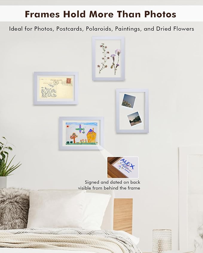 DLQuarts 5x7 Floating Picture Frames for 4x6/3.5x5 Photos, 2-Pack Solid Wood Double Polished Glass Floating Frame for Wall & Tabletop, Postcards and Any Size Photo up to 5x7 Display, White