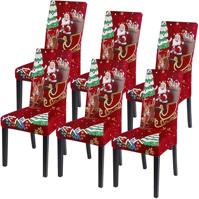 SearchI Christmas Chair Covers Set of 6, Stretch Xmas Kitchen Chair Cover Removable Washable Holiday Parsons Chair Slipcovers for Dining Room, Christmas Decoration, Ceremony(Santa Claus+Elk)