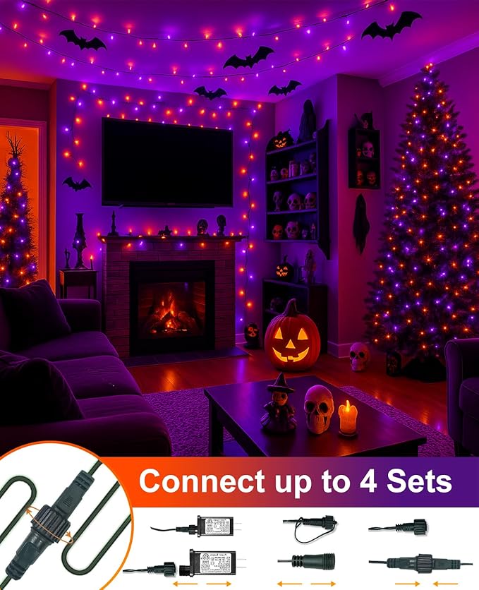 Purple Orange Christmas Lights Outdoor, 80FT 240 LED Christmas Tree Lights Waterproof Plug in, 8 Modes Connectable Christmas Decorations Green Wire for Indoor Home Garden Xmas Holiday