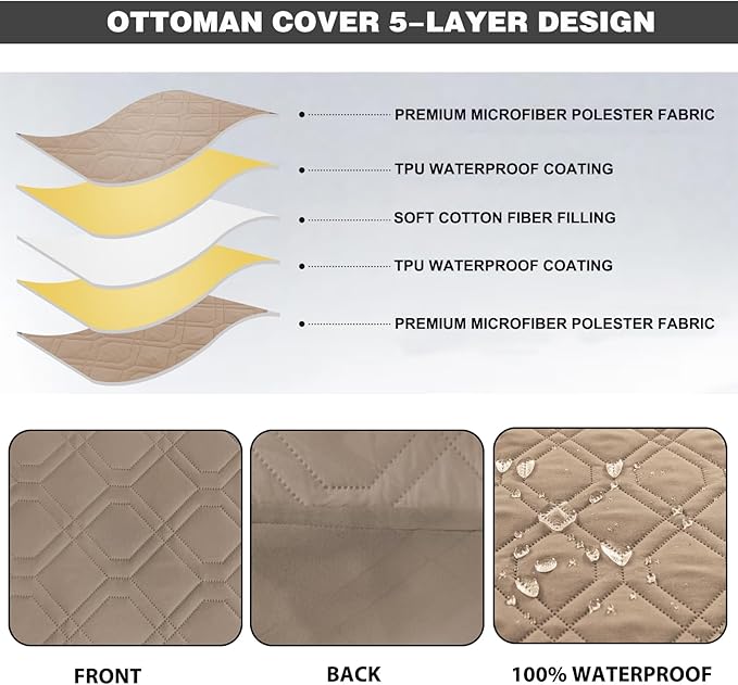 Ottoman Cover Square,Waterproof Square Ottoman Covers Thick Slipcover for Living Room,Washable Storage Footstool Furniture Protector for Dogs,Pets,Light Brown,Large