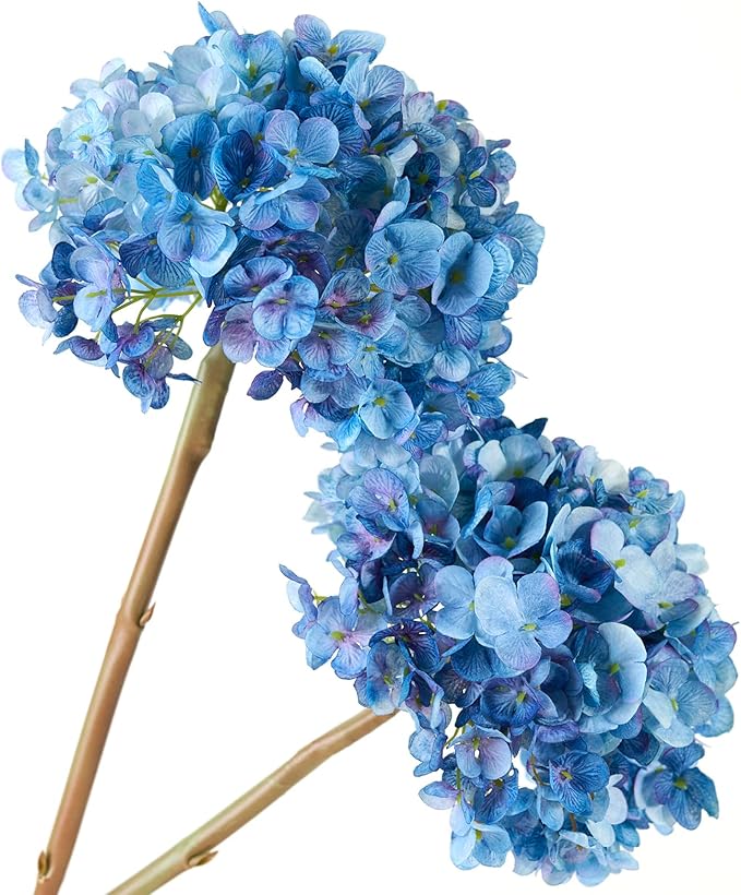Hydrangea Artificial Flowers, Gradient Color 2PCS Large Faux Hydrangea Silk Bouquet with Stems, Real Touch Fake Hydrangeas for Party & Home Table Decoration (Blue)