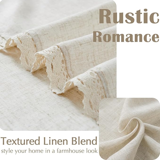 jinchan Linen Curtains for Living Room Bedroom Light Filtering Semi Sheer Curtains Boho Farmhouse French Country Cottage Core Decor Window Drapes Back Tab 72 Inch Length Laced Beige