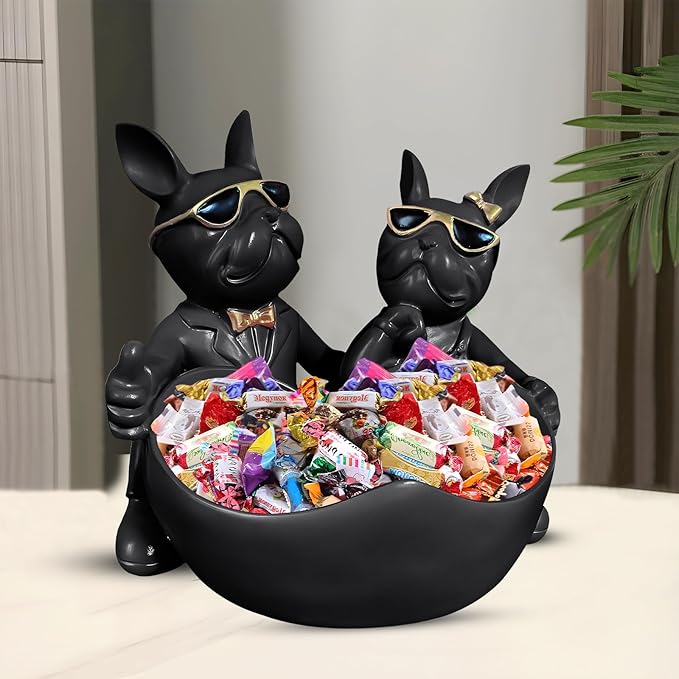 Bulldog Candy Bowl Decor,Heart-shaped Key Holder Bowl Candy Dish, Bulldog Lovers Accessories, Resin Bulldog Statue for Office Desk Home Decor Figurines Entryway Table Decor（Black）