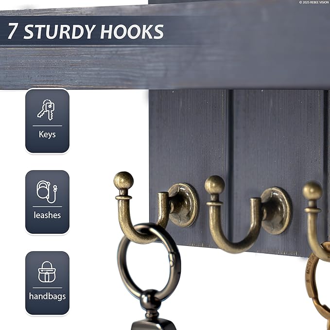 Pine Wood Key Holder Wall Mount for Home Decor - Stylish Key Holder for Wall with Shelf and 7 Key Hooks for Mail Organizer - Rustic key organizer for House & Apartment Essentials(Royal Blue,15-inch)
