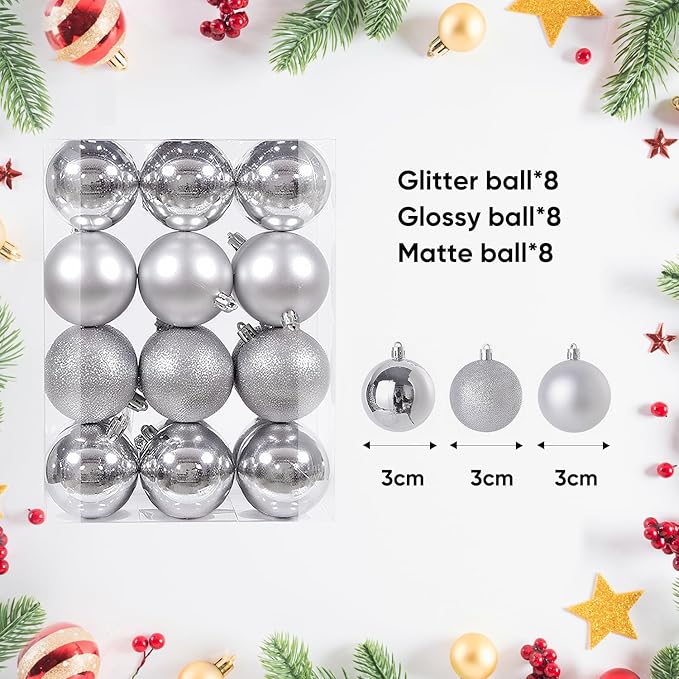 24ct Mini Christmas Balls Ornaments for Xmas Christmas Tree - Small Shatterproof Decor Hanging Ball for Holiday Wedding Party Decoration 1.18 Inch/30mm, Silver