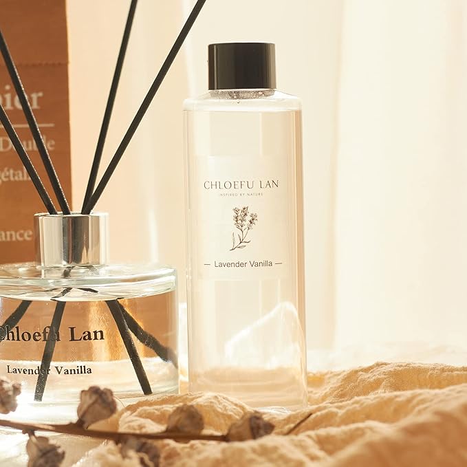 Chloefu LAN Lavender Reéd Diffuser Refill 200ml/6.76 fl oz Natural Essential Lavender Scented Oil - Best for Aromatherapy, SPA and Home, 0% Alcohol, Fresh & Long Lasting, Free Set of Diffuser Sticks