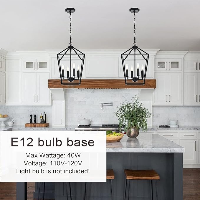 MELUCEE Farmhouse Chandelier 4 Lights Lantern Pendant Light in Black Finish Vintage Openwork Cage Hanging Light Ceiling for Kitchen Island Dining Room Hallway Entryway, E12 Base