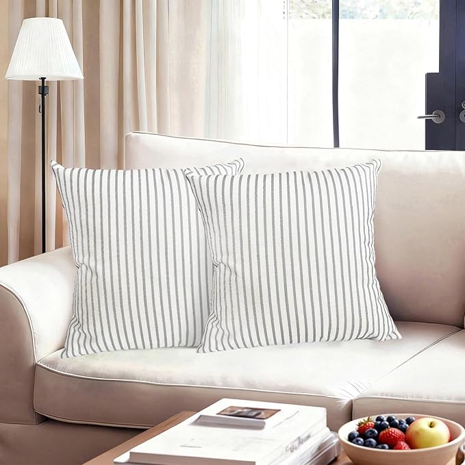 Decorative Throw Pillow Covers Set of 2 Light Gray Striped Pillow Covers 20x20 Inch Throw Pillow Cover Linen Pillowcase Modern Farmhouse Outdoor Pillow Covers for Couch Sofa Living Room