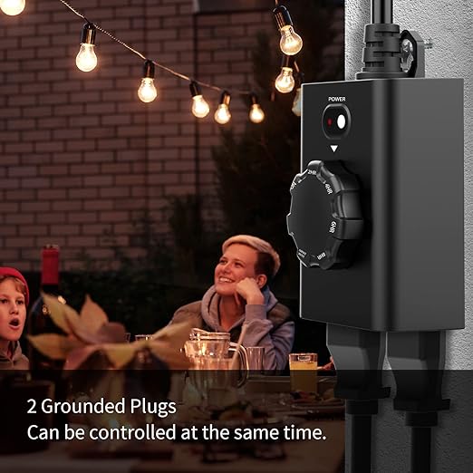 Minoston Outdoor Timer 2 Pack, Dusk to Dawn Outlet With 2 Grounded Outlets, 2-8 Hour Settings for Halloween Christmas Lights, ETL Listed (MP41T)