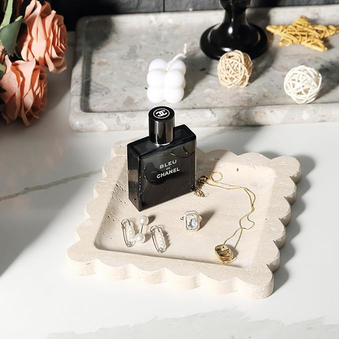 Travertine Decorative Tray, 7.8in Marble Scallop Edge Tray, Square Bathroom Trays for Jewelry Perfume, Vanity, Coffee Table, Beige Stone Trinket Dish for Woman, Dresser Décor Gift