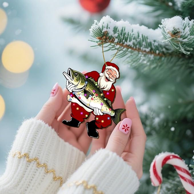 Santa Clause Holding a Fish Christmas Tree Keepsake Ornaments, Fishing Themed 2 Side Printed Flat Wooden Ornament, Xmas Hanging Decor