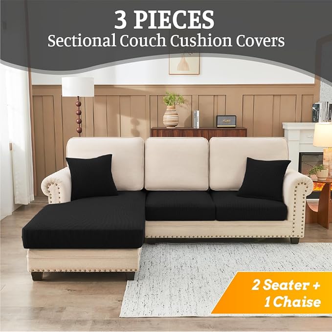 Sectional Couch Covers for Sofa Cushion L Shaped Couch Cover Washable Soft Couch Cushion Covers Stretch Sofa Slipcovers with 2 Pcs Pillowcases(3-Piece 2 Seater + 1 Chaise, Black)