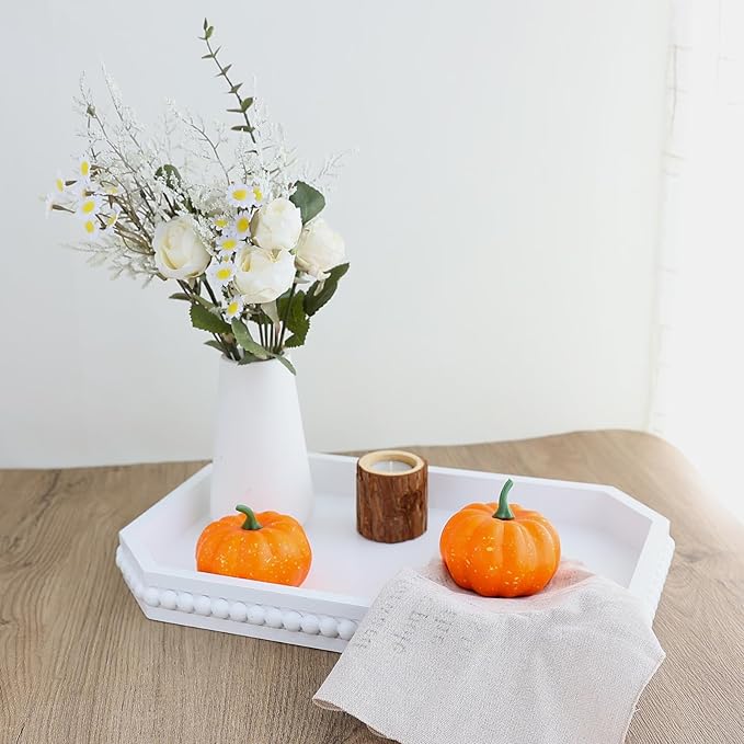 White Wood Serving Tray with Beads, Farmhouse Decorative Tray for Table Centerpiece, Christmas Wedding Halloween Home Decor