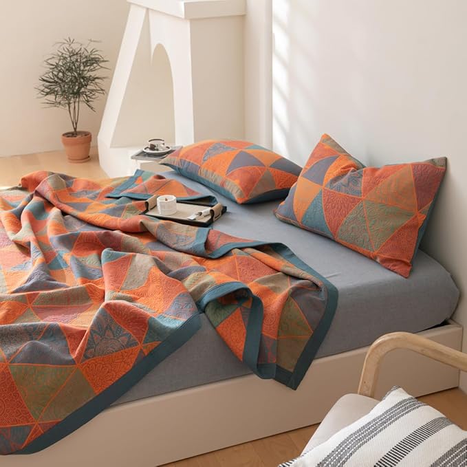 100% Cotton Muslin Blanket Jacquard Bohomian Mandala Triangle Print Quilt, Soft Bed Cover Reversible Bedspread Coverlet Breathable Lightweight Bedding Full/Queen(78"x94"), No Pillow Sham