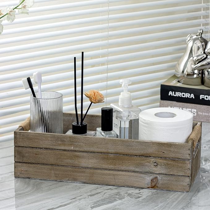 TIMRIS Rustic Wooden Toilet Paper Holder, Farmhouse Bathroom Decor, Toilet Tank Basket, Decorative Storage Container (Rustic Gray)