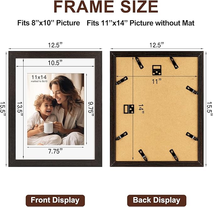 11x14 Picture Frame with Mat for 8x10, Set of 4 Black Wood Grain 11 x 14 Picture Frames for Horizontal &Vertical Wall Mounting (4 Pack,Black)