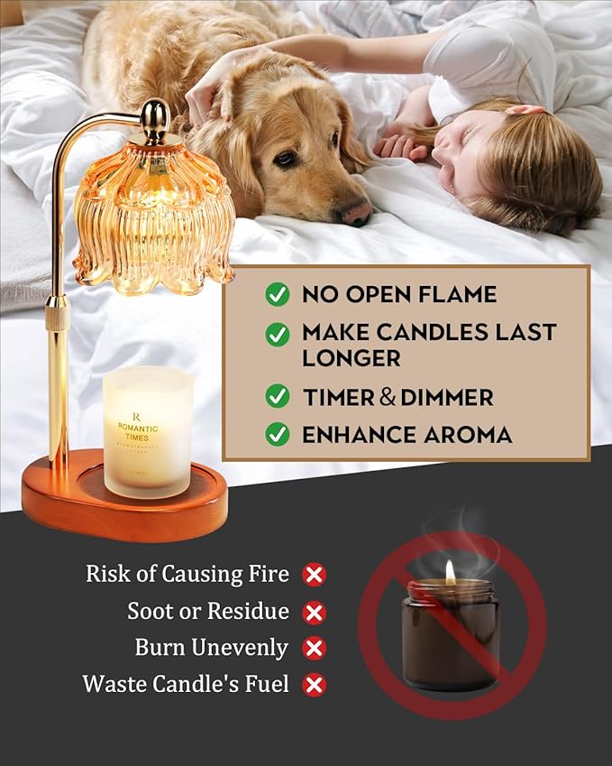 Candle Warmer Lamp with Timer Dimmable, Height Adjustable, Birthday Gifts for Women Mom, Suitable for New Home Decoration, Christmas Gift Lotus Flower Candle lamp,With 2 bulbs,Suitable for Jar Candles