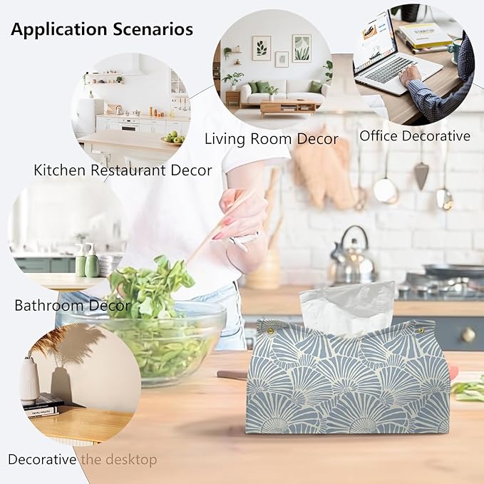 Light Blue Shell Leather Tissue Box Cover Rectangle,Coastal Toilet Paper Box Holder,Beach House Decor Facial Paper Case for use Living Room Bathroom Kitchen Office Desk,9.8x5.9x5.9In