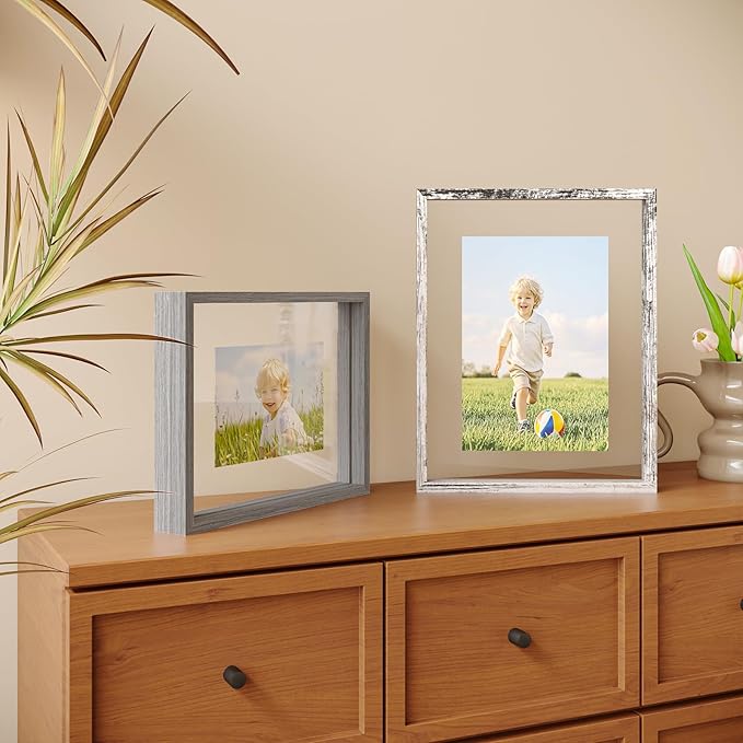 Egofine 11x14 Floating Frames Set of 2, Double Plexiglass Picture Frame, Made of Solid Wood Display Any Size Photo up to 11x14, Wall Mount or Tabletop Standing, Light Grey