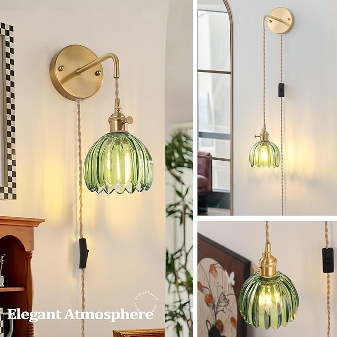 Vintage Wall Sconce Wall Lamp with Green Tulip Glass Shade Hanging Wall Sconce with 4.9FT Plug in Cord, Modern Wall Lamp Fixtures Decor for Bedside Bedroom Indoor Doorway
