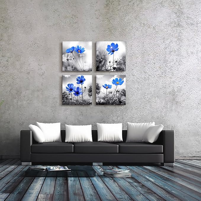 Canvas wall art for kitchen Simple Life Black and white landscape cyan blue flowers wall Decor for bedroom Artwork 12" x 12" 4 Pieces Framed Canvas Prints Ready to Hang or living room Home Decoration