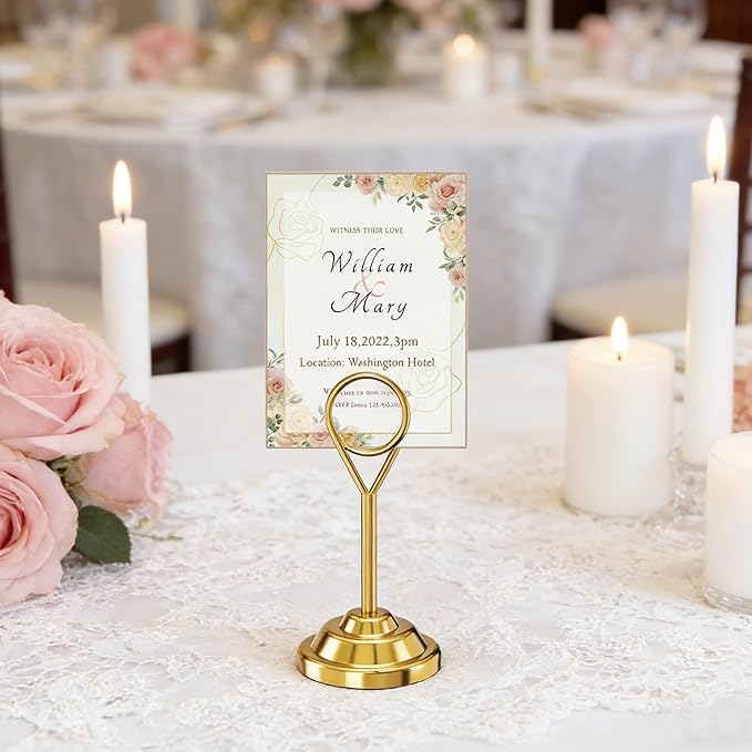 Urban Deco 16 Pieces Table Card Holder Place Card Holders 4 inches Steel Card Holders for Photos, Food Signs, Memo Notes, Weddings, Restaurants, Birthdays (Gold Round)