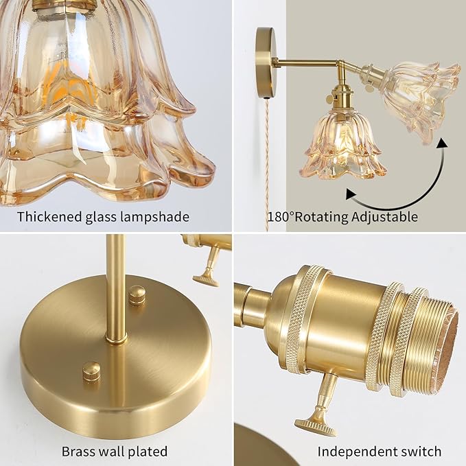 Vintage Plug in Wall Sconces Set of 2, Rose Amber Lampshade & 180 Degree Adjustable, Brass Wall Lights, for Bedroom Living Room Hallway Aisle, Bulbs Not Included, ETL Listed