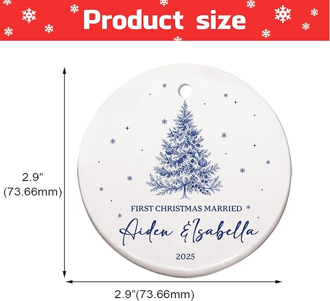 Personalized First Christmas Married Ornament 2025 – Ceramic Round Wedding Ornament – Christmas, Engagement, Anniversary, Newlywed Gift for Couple – Custom Names Keepsake Decoration