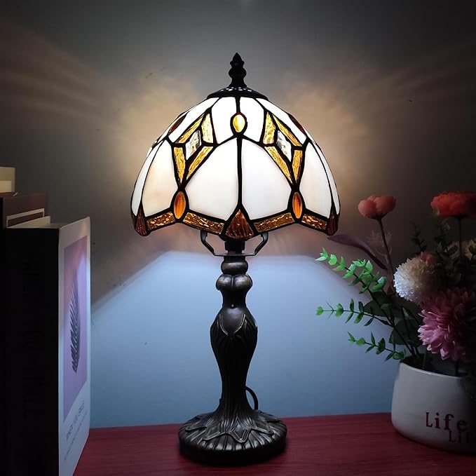 Tiffany Table Lamp Yellow Brown Stained Glass Reading Light 3-Way Small Decorate Lamp for Home Living Room Nightstand Bedroom Office Include Light Bulb