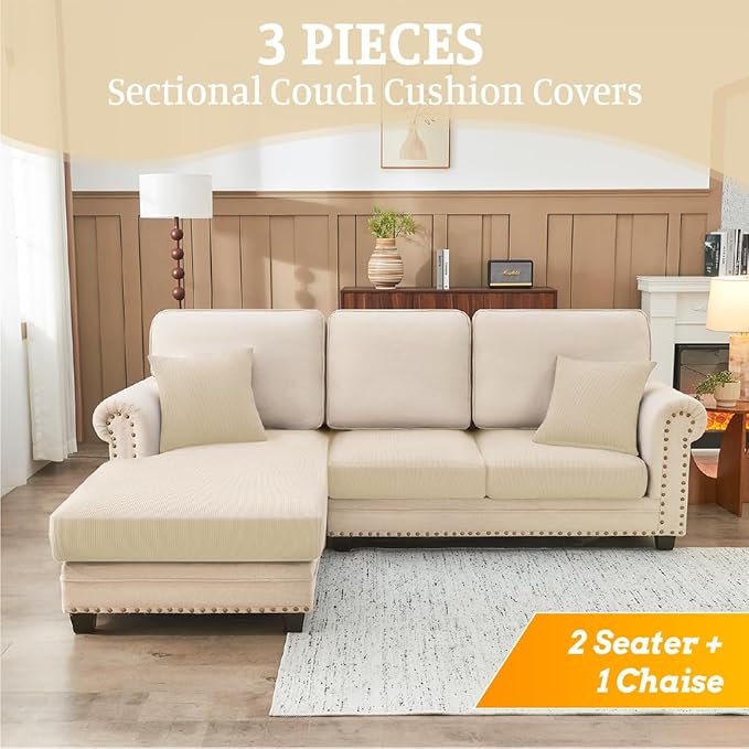 Sectional Couch Covers for Sofa Cushion L Shaped Couch Cover Washable Soft Couch Cushion Covers Stretch Sofa Slipcovers with 2 Pcs Pillowcases(3-Piece 2 Seater + 1 Chaise, Natural)