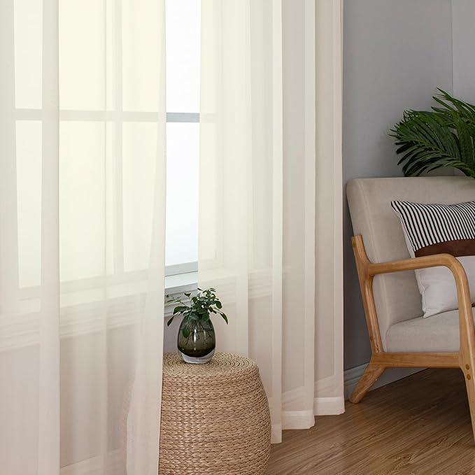 Lecloud Cream Sheer Curtains 90 Inches Long 2 Panels, Elegant Light Filtering Voile Breathable Curtains, Gauzy Window Decor with Top Dual Rod Pocket for Living Room Bedroom, Each 42" W x 90" L