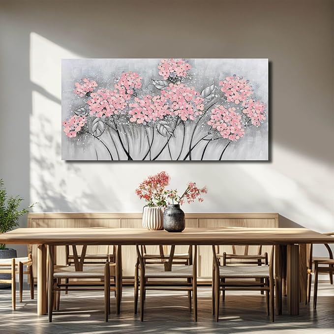 SOUGUAN Botanical Wall Art Oil Painting Pink Flower Pictures Wall Decor Large Artwork for Living Room Kitchen Home Decorations 24x48 Inch