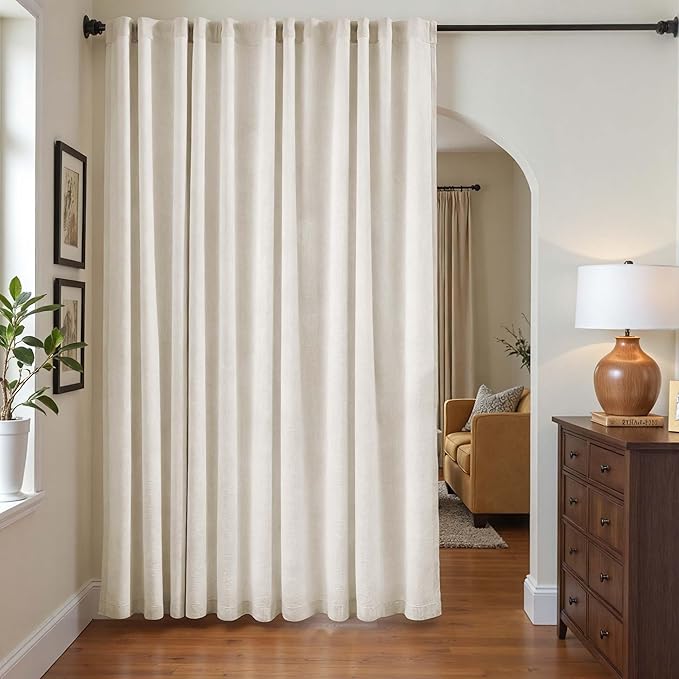 jinchan Beige Lined Linen Blend Curtain for Sliding Door 84 Inches Length 1 Panel for Living Room, 100 Inches Extra Wide Natural Drape with Rod Pocket Back Tab (100W x 84L, Ecru)