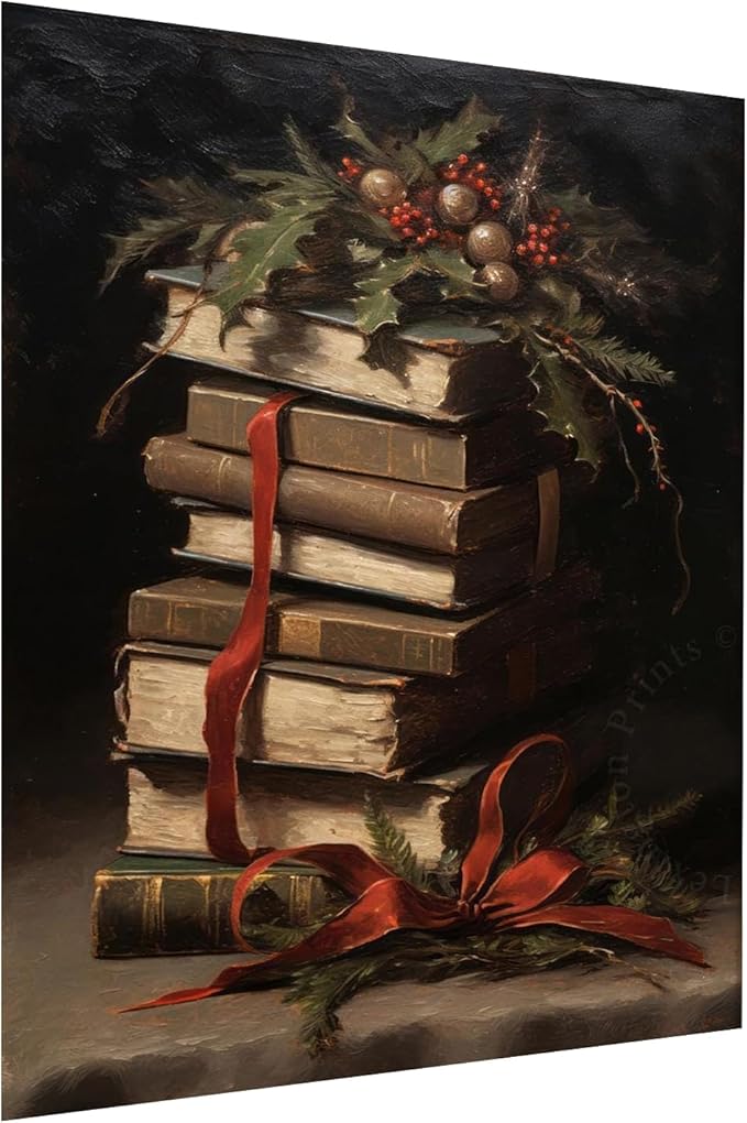 Victorian Christmas Book Stack Wall Art,Book Art,Christmas Still Life Print, Winter Print Oil Painting,Dark Academia,Moody Holiday Art,Christmas Decor For Library Reading Room12x16inch Unframed